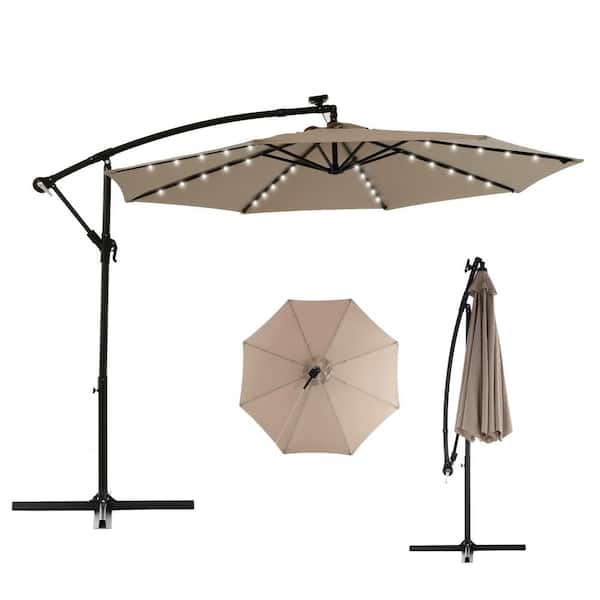 HOMEFUN 10 ft. Solar LED Patio Outdoor Umbrella Hanging Cantilever Umbrella with Adustmentable 40 Lights in Khaki