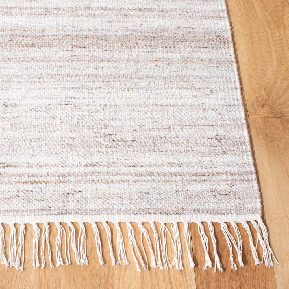 Ivory and Brown 7' Square Handmade Wool Kilim Area Rug