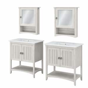 Salinas 31.89 in. W Double Sink Bath Vanity in Linen White Oak with White Wood Top and Mirror