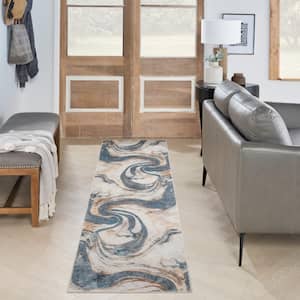 Astra Machine Washable Ivory Blue 2 ft. x 8 ft. Abstract Contemporary Runner Area Rug