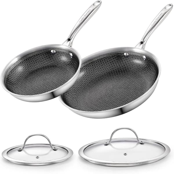 2 Piece 8 and 10-Inch Multi-Ply Clad Stainless Steel Hybrid Nonstick Skillet with Tempered Glass Lids