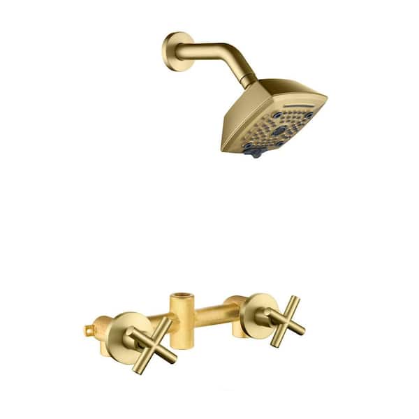 Double Handle 6-Spray Wall Mount Shower Faucet 1.8 GPM with Ceramic Disc Valve 5 in. Brass Shower System in Brushed Gold