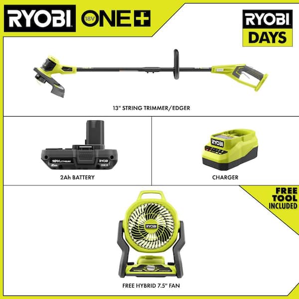 ONE+ 18V 13 in. Cordless Battery String Trimmer with 2.0 Ah Battery, Charger, & FREE  Hybrid WHISPER SERIES 7-1/2" Fan