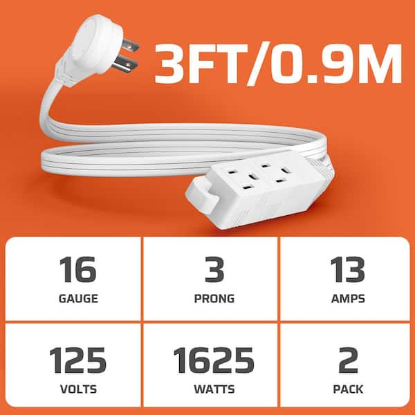 3 ft. 16/3 Gauge Indoor Extension Cord with 3-Prong 3 Outlets and SPT-3 Cord, White, 2 Pack