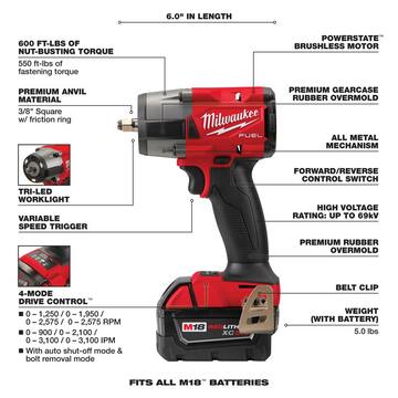 Milwaukee M18 FUEL 18V Lith-Ion Brushless Cordless 3/8 in. Mid-Torque Impact Wrench Batteries & Impact Socket Set 2960-22R-49-66-6806