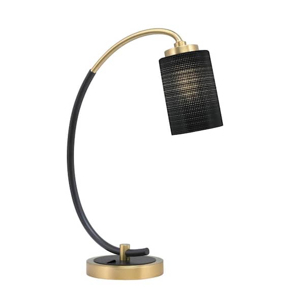 Unbranded Delgado 18.25 in. Matte Black and New Age Brass Accent Desk Lamp with Black Matrix Glass Shade