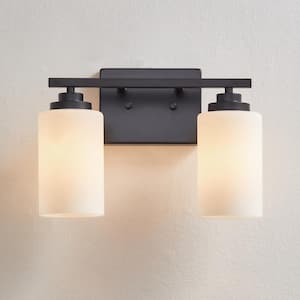 13 in. 2-Light Black Vanity Light with Frosted White Glass Shade