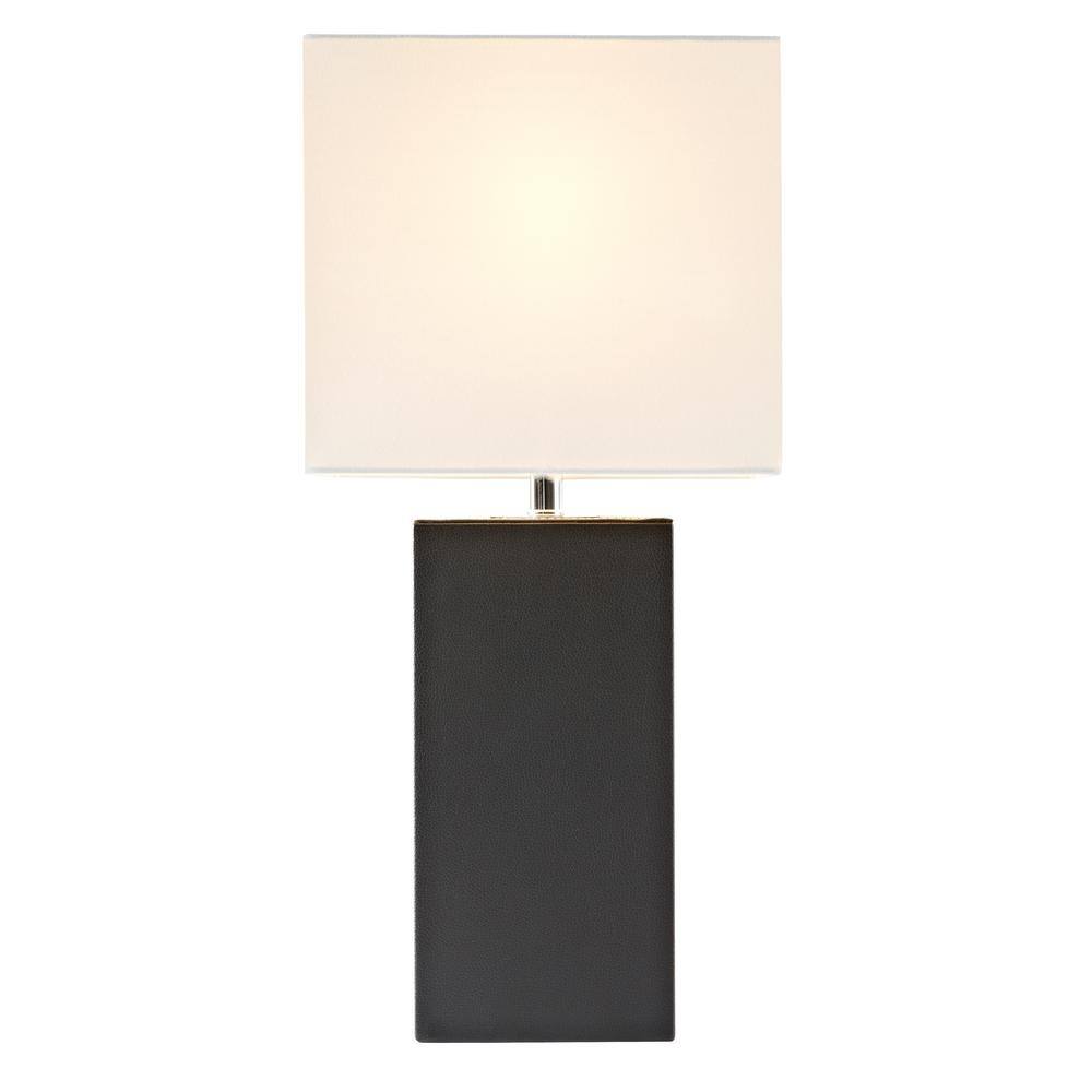 Modern Black Leather Rectangular Table Lamp with White Fabric Shade