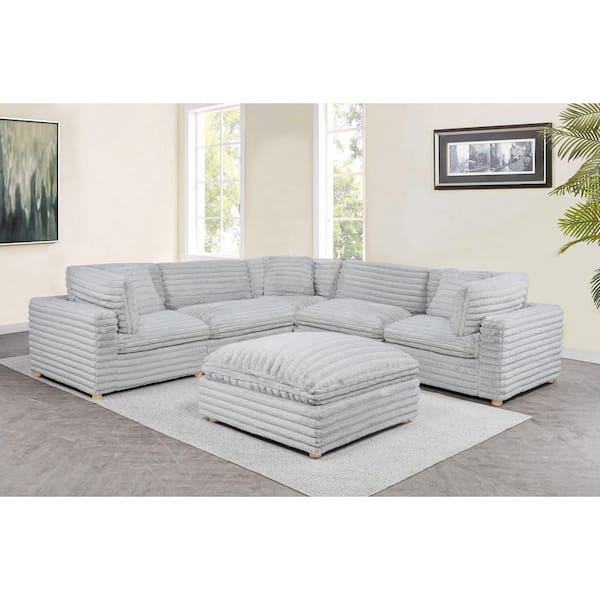 Adri 120 in W. Straight Arm 6-Piece Corduroy Fabric Modular Sectional Sofa in. Light Grey Color