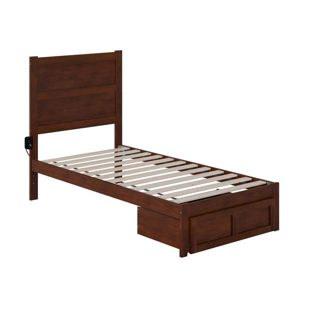 Walnut Twin Wood Platform Bed with Foot Drawer