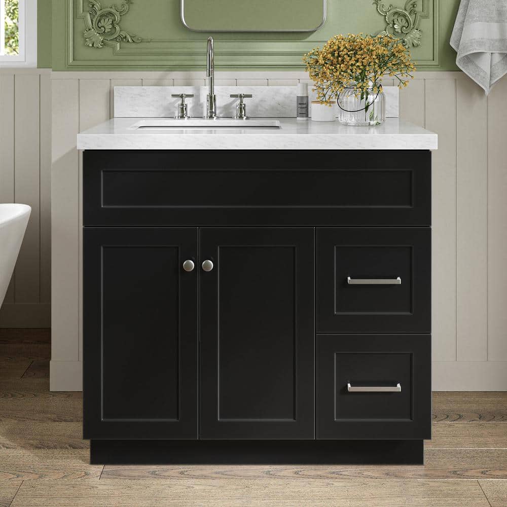 Hamlet 36 in. Single Sink Freestanding Bathroom Vanity in Black with Carrara White Marble Top price history on PriceWatchPro