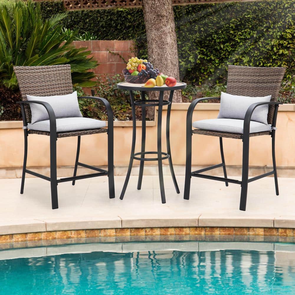 3-Piece Brown Wicker Bar Height Outdoor Bistro Set with Gray Cushion