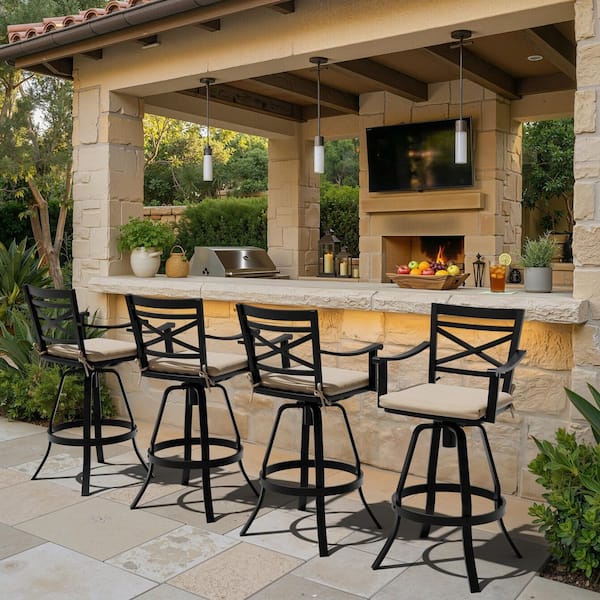 Swivel Patio Cast Aluminum Outdoor Bar Stool Chairs with Sunbrella Canvas Antique Beige Cushion and Armrests (4-Pack)