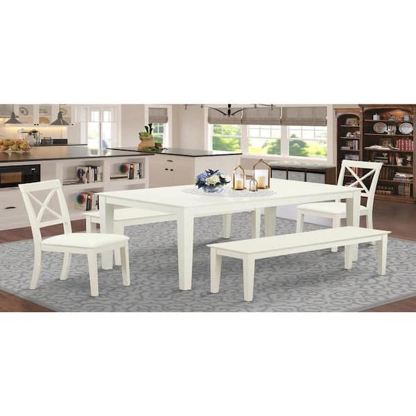 East West Furniture 5-Piece Rectangle Linen White Finish Solid Wood Top Dining Table with 2 Benches, 2 Chairs with Lattice Back