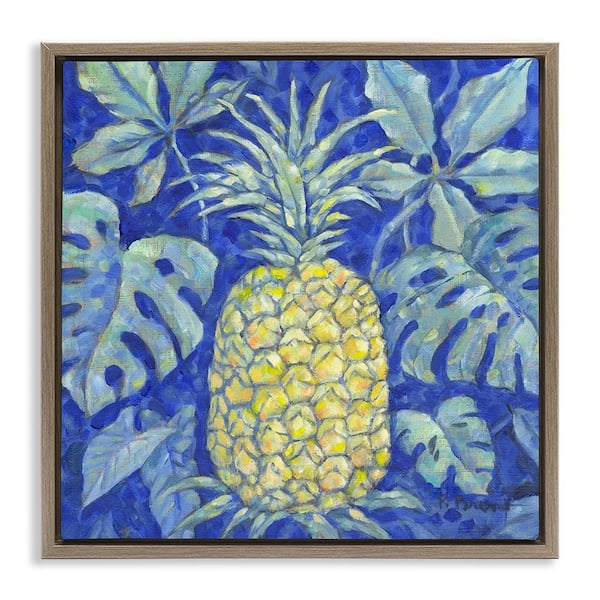 Stupell Industries Tropical Pineapple on Blue by Paul Brent Brown Floater Frame Food Graphic Art Print 18 in. x 5 in.