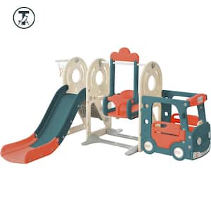 T-Adventurer Red Indoor, Outdoor 5-in-1 Freestanding Playset Kids Slide with Bus-Shaped Play Structure and Swing
