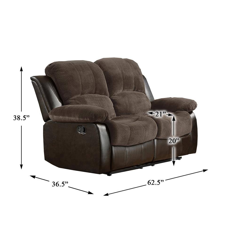 Brown Tufted Faux Leather Reclining Loveseat with Wood Frame