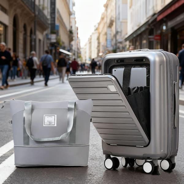 2 Bags 2-Piece Gray Blue Expandable ABS Hardshell Luggage Set with Travel Bag, USB Port, Cup Holder, Front Opening(20")