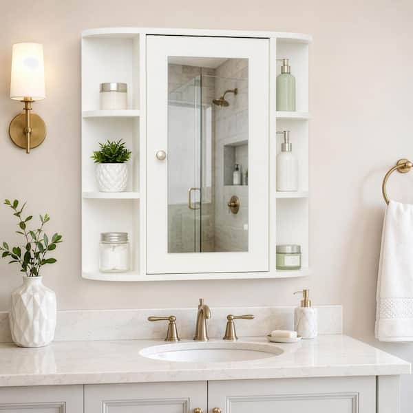 26 in. x 25 in. Surface Mount Medicine Cabinet Storage Organizer, Mirrored Vanity Chest with Open Shelves