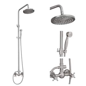 2-Spray Wall Bar Shower Kit 8 in. Round Rain Shower Head with Hand Shower Brass Pipe 2 Cross Knobs in Brushed Nickel
