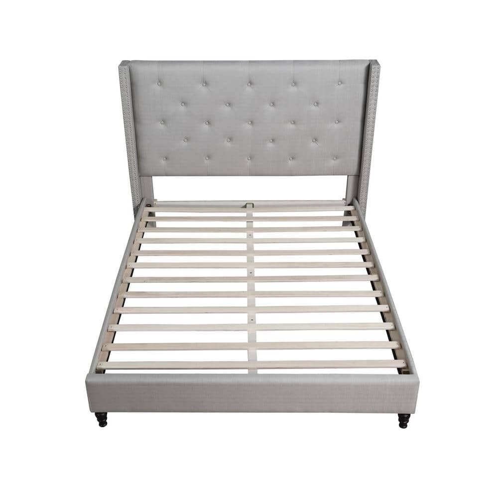 Elegant Linen Queen Platform Bed with Tufted Wingback and Nailhead Trim