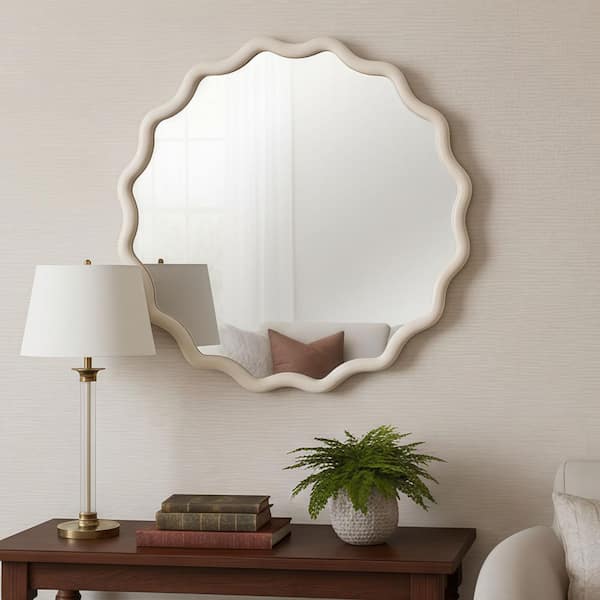 36 in. W x 36 in. H Wavy Round Solid Wood Framed Bathroom Mirror Wall Mirror in White