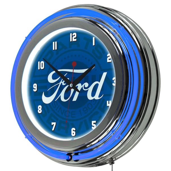 Ford 3 in. x 14 in. Genuine Parts Chrome Double Rung Neon Wall Clock