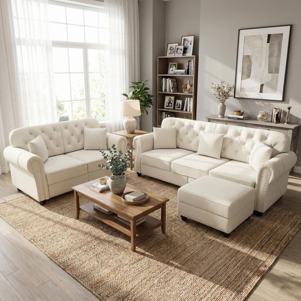Camdany 5-Seater Velvet Sofa Set with Tufted Back, Nailhead Trim and Ottoman in Beige