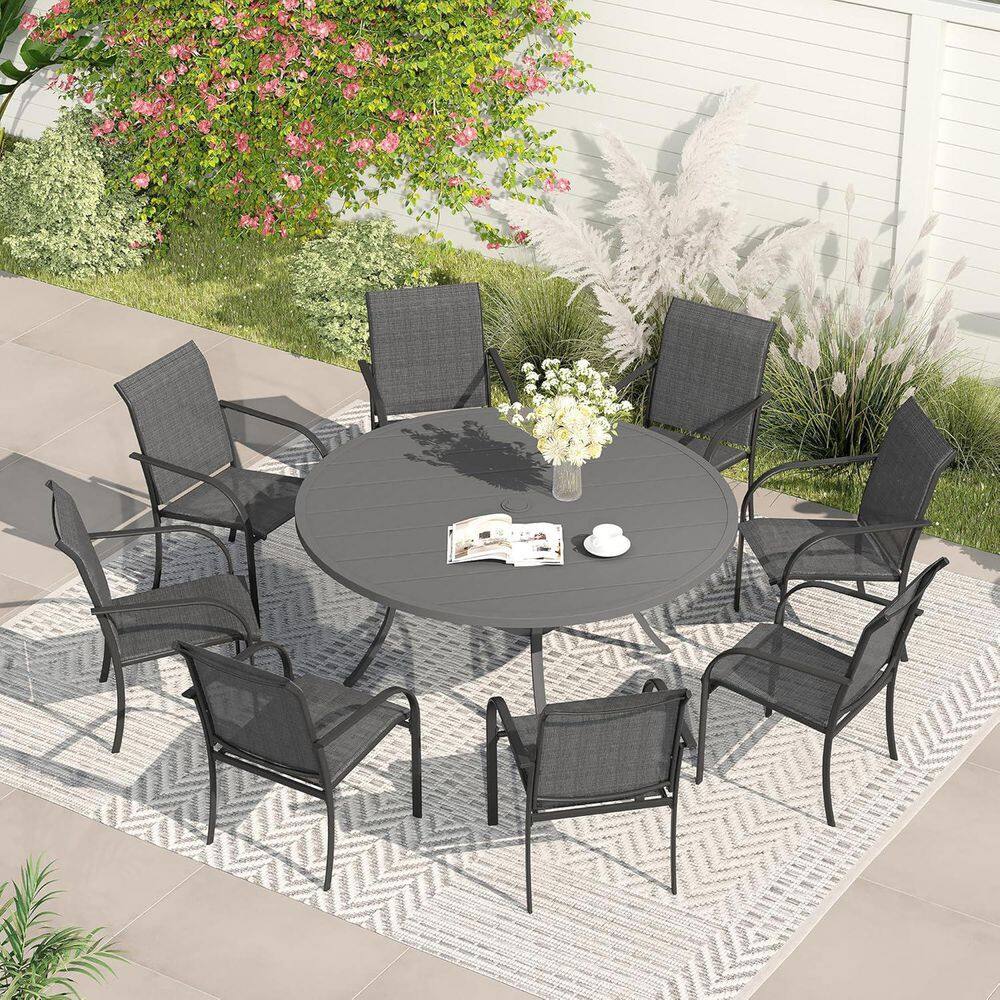 9-Piece Metal Outdoor Dining Set with Dark Grey Round Table and 8 Grey Stackable Dining Chairs for 8 Person price history on PriceWatchPro