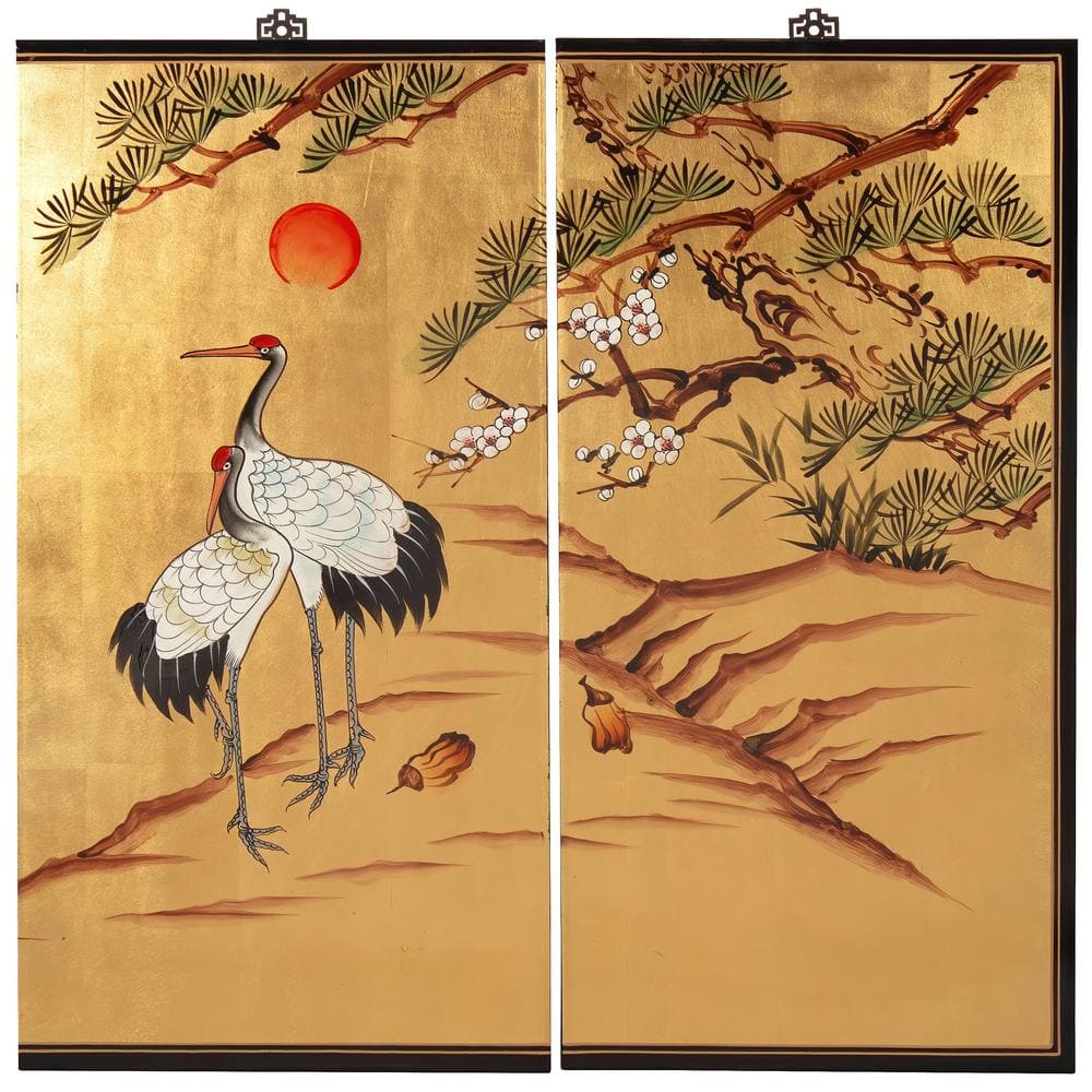 72" Gold Leaf Cranes Acrylic Wall Art Set