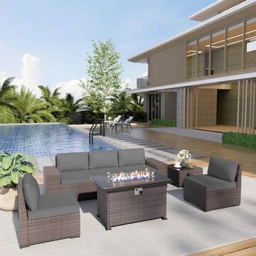 7-Piece Wicker Patio Conversation Set with 55000 BTU Gas Fire Pit Table and Glass Coffee Table and Grey Cushions