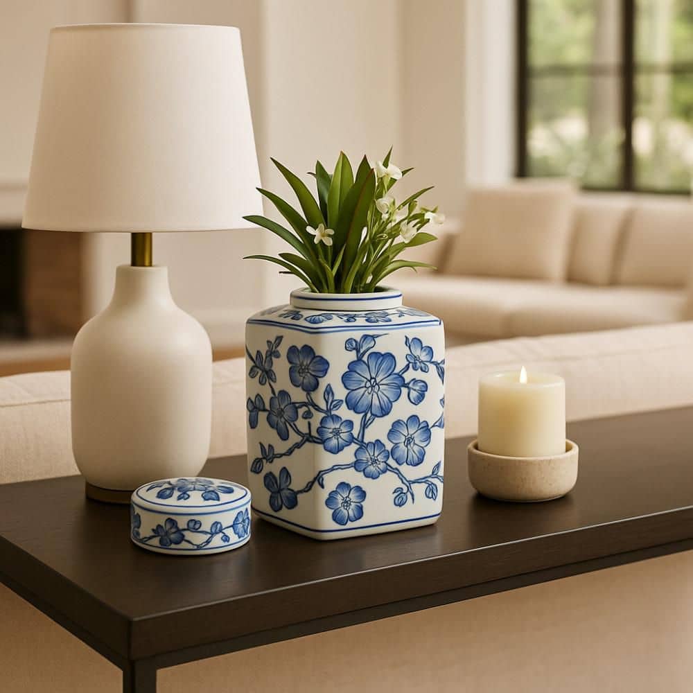 Liv & Skye 9 in. Blue/White Ceramic Decorative Cherry Blossom Chinoiserie Jar with Lid 20372-01