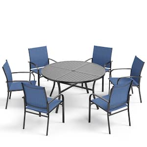 Black 7-Piece Metal Slat Round Table Outdoor Patio Dining Set with Blue Textilene Chairs