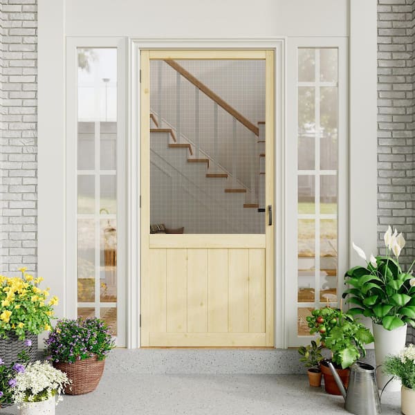 36 in. x 80 in. Universal Paneled Railing Style Unfinished Pine Wood and Gauze Mesh Hinged Screen Door for Front Door