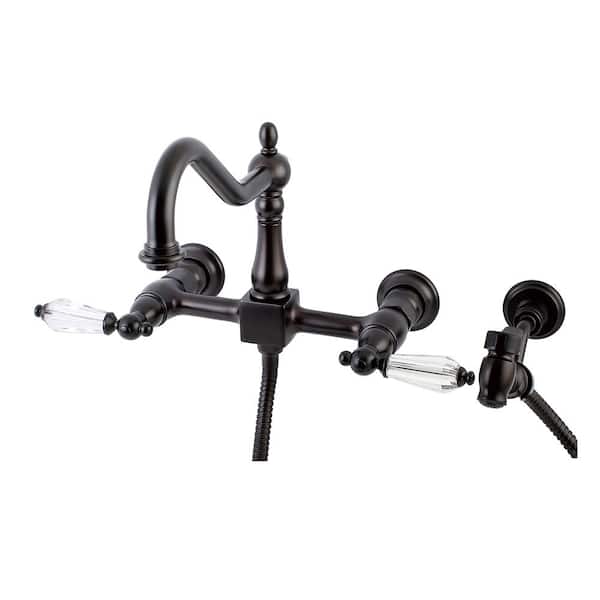 Kingston Brass Victorian Crystal 2-Handle Wall-Mount Standard Kitchen Faucet with Side Sprayer in Oil Rubbed Bronze