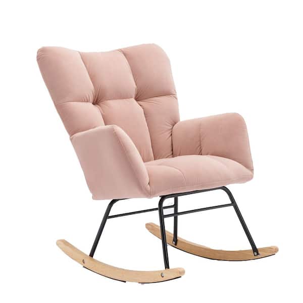 Sudzendf Pink Mid Century Modern Velvet Tufted Metal Outdoor Rocking Chair