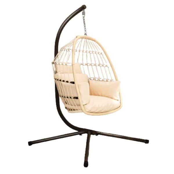 Unbranded Natural Wicker Patio Foldable Hanging Swing Chair with Stand and Beige Cushions