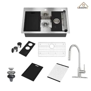 Handmade 33 in. All-in-One Topmount Drop-in Single Bowl 18-Gauge Stainless Steel Kitchen Sink with Kitchen Faucet