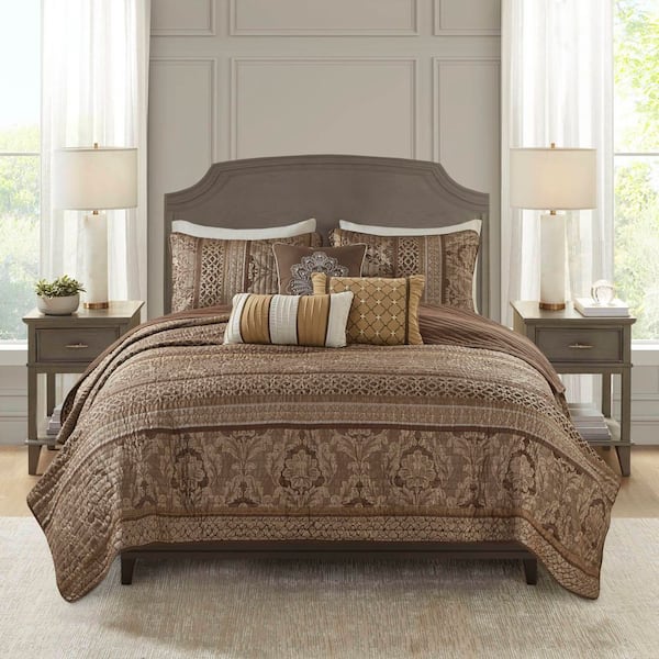 Madison Park Venetian 6-Piece Brown/Gold Microfiber Full/Queen Quilt Set
