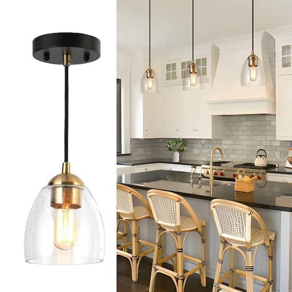 1-Light Brass Gold Mini Pendant Light, Seeded Glass Black Pendant Hanging Light, Modern Light Fixture for Kitchen Island