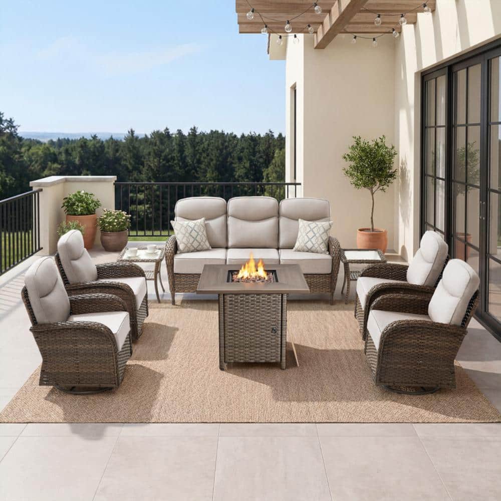 Rivieral Brown 8-Piece Wicker Outdoor Conversation Swivel Chair Set, Patio Fire Pit Set with 6 in. Beige Cushions price history on PriceWatchPro