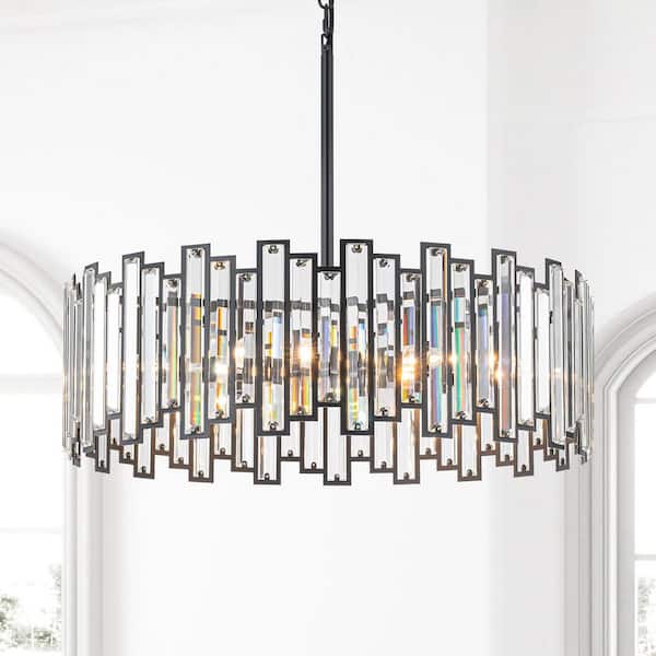 Eli 6-Light 23.6 in. Modern Glam Black Drum Cylinder Crystal Chandelier for Dining Room with Crystal Shade