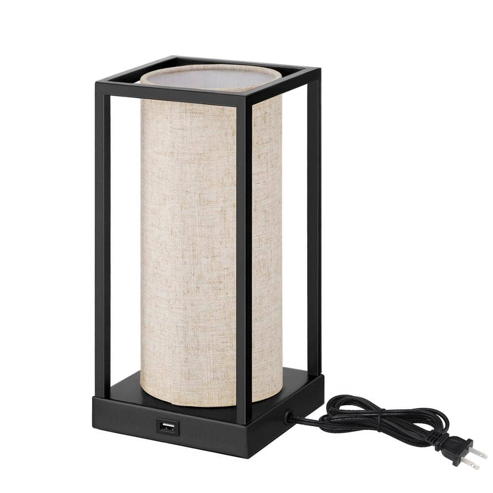 11.4 in. Black Dimmable Touch Control Table Lamp with Beige Shade and USB Port