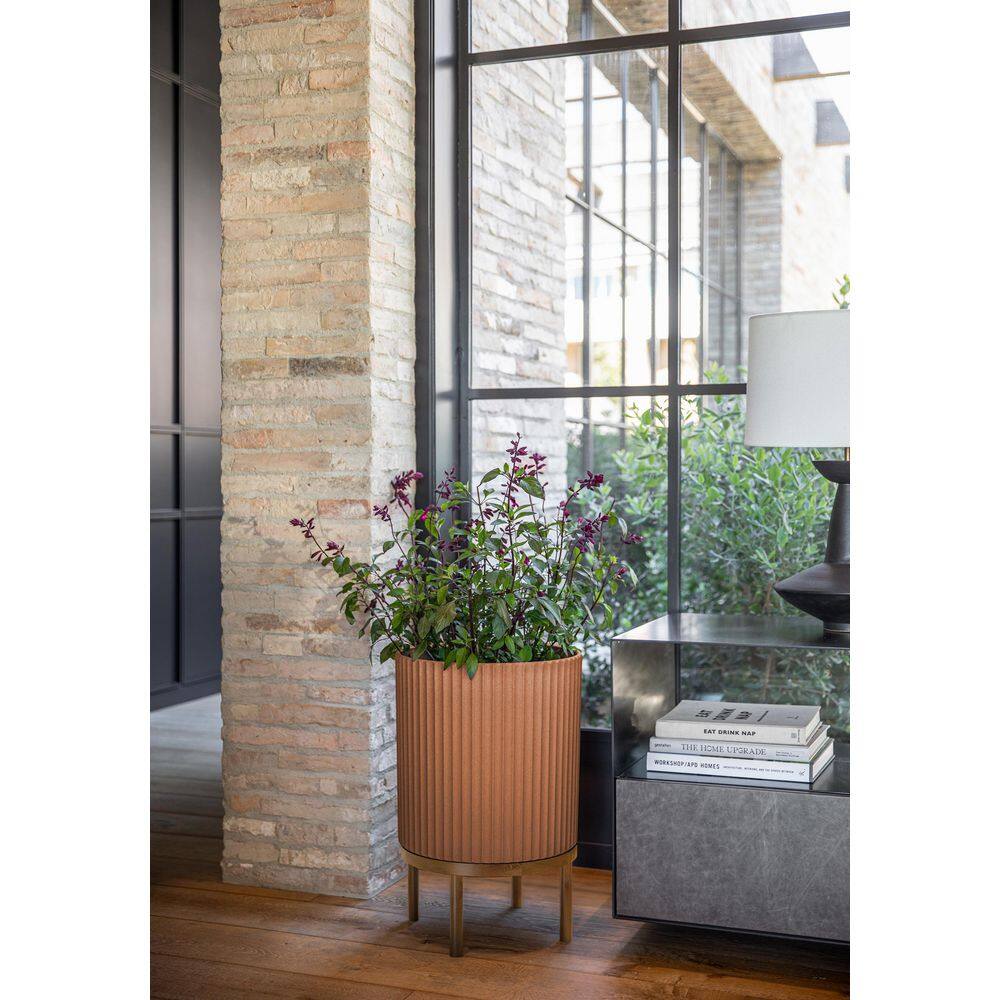 Terracotta Large Round Planter with Acacia Wood Stand