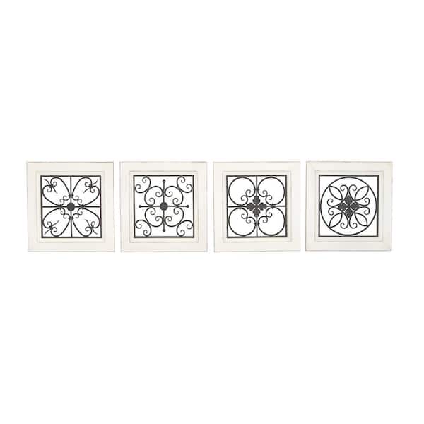 Litton Lane Wood White Scroll Wall Decor with Metal Relief (Set of 4)