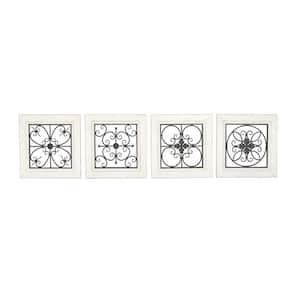 Wood White Scroll Wall Decor with Metal Relief (Set of 4)