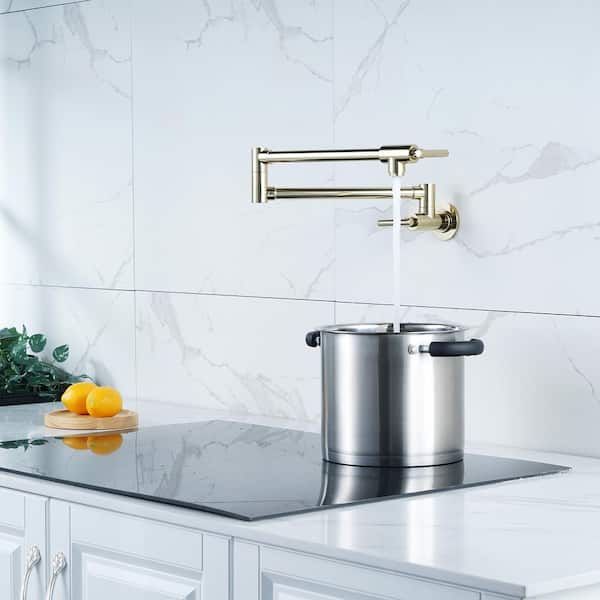 Brass Wall Mount Pot Filler with 2-Handles and Double Joint Swing Arms Folding Kitchen Faucet in Polished Brass