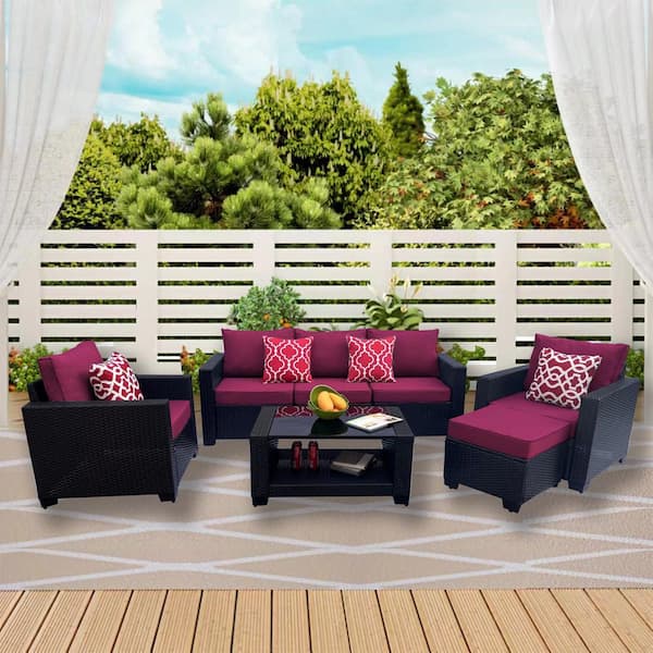 Oyezvary 7-Piece Modern Waterproof PE Rattan Wicker Patio Conversation Set, Sturdy Metal Frame with Coffee Table & Red Cushions