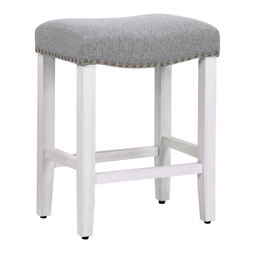 Antique White & Gray 24" Upholstered Saddle Bar Stool with Nailhead Trim