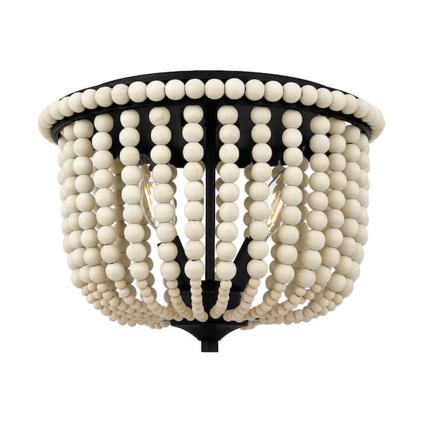Home Decorators Collection Harpswell 13 in. 2-Light Matte Black Flush Mount with Wood Beads Shade